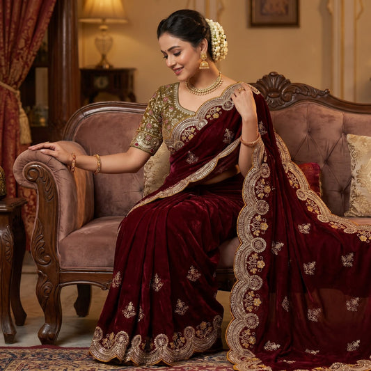 Ritika Designer Fendy Satin Saree with Heavy Embroidery & Fully Stitched Blouse (6 Colors)